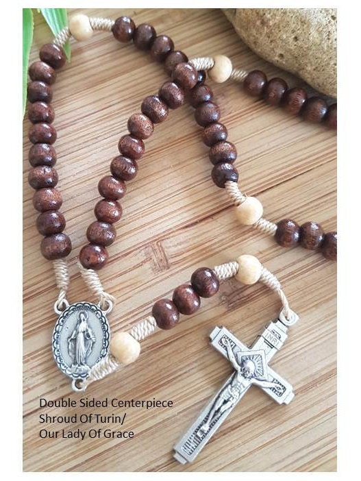 Shroud Of Turin Rosary/Face of Holy Jesus Wood Rosary/Holy Face of Christ Wood rosary/Madonna Our Lady Of Grace Medal Rosary