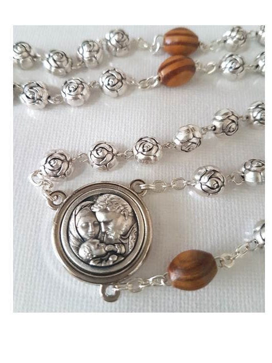 Holy Family Rosary,Olive Wood & Metal Rosebud Rosary, Adults and Men's Wood And Metal Prayer Beads,Our Lady of Perpetual Help Medal, Heavy