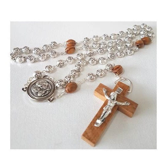 Holy Family Rosary,Olive Wood & Metal Rosebud Rosary, Adults and Men's Wood And Metal Prayer Beads,Our Lady of Perpetual Help Medal, Heavy