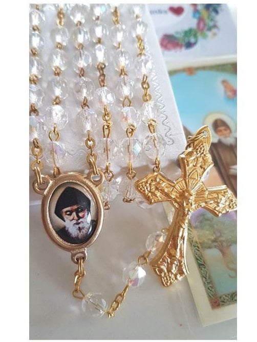 St Charbel Rosary/ Saint Charbel Gold Plated Rosary/San Charbel Glass Rosary/ Maronite Monk and Priest Saint Charbel /Maronite Lebanese