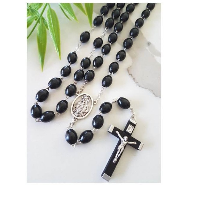 Men's Black Rosary, Real Wood Men's Rosary, Large and Long Rosary for Adult, Natural and Mahogany Wood Rosary Necklace, Rosary to Wear