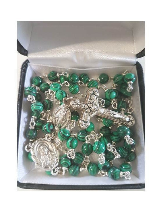 Genuine Malachite Rosary/Malachite Rosary with Jesus and Mary Medals/ Italian Gemstone Malachite Prayer Beads/Gemstone Catholic Rosary