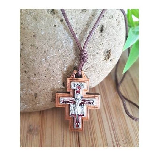 Olive Wood Necklace/ San Damiano Olive Wood Cross On Cord/ St Francis Olive Wood Cross/Gifts for Communion, Confirmation /Men's wood Cross