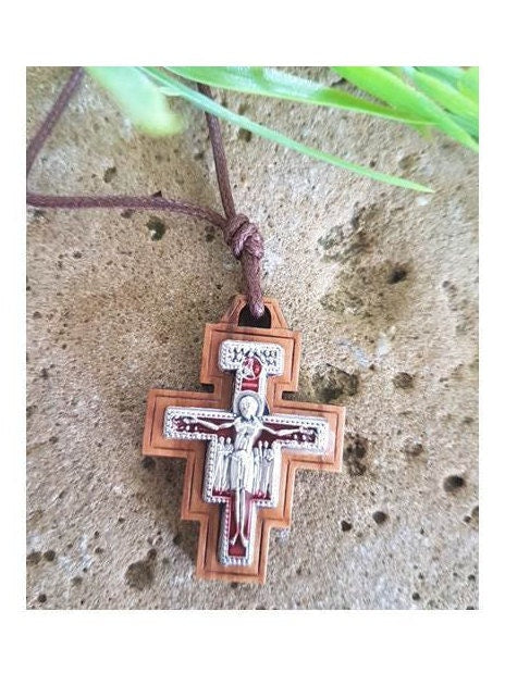 Olive Wood Necklace/ San Damiano Olive Wood Cross On Cord/ St Francis Olive Wood Cross/Gifts for Communion, Confirmation /Men's wood Cross