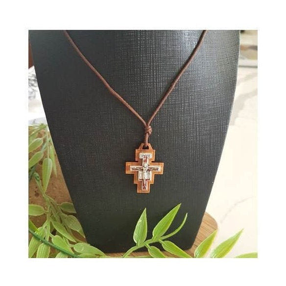 Olive Wood Necklace/ San Damiano Olive Wood Cross On Cord/ St Francis Olive Wood Cross/Gifts for Communion, Confirmation /Men's wood Cross