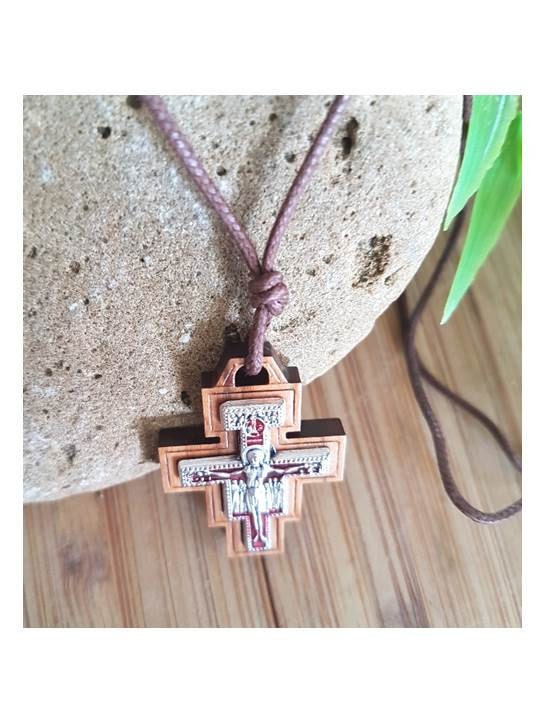 Olive Wood Necklace/ San Damiano Olive Wood Cross On Cord/ St Francis Olive Wood Cross/Gifts for Communion, Confirmation /Men's wood Cross