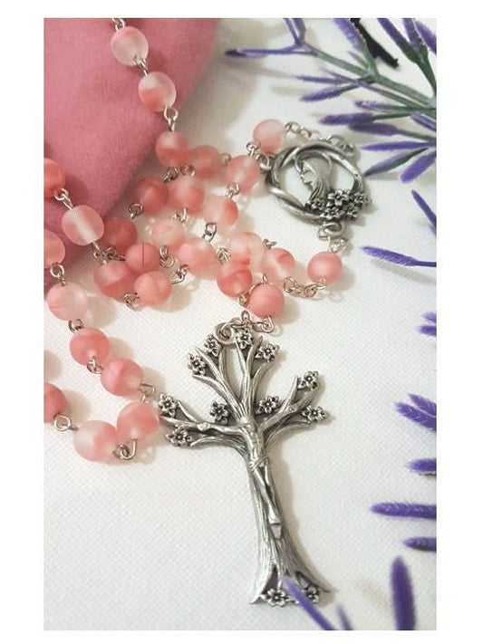 Tree Of Life Rosary/Pink Glass Rosary with Virgin Mary/Dogwood Tree and Flower Rosary/Tree Of Life Gifts/Catholic Prayer Beads