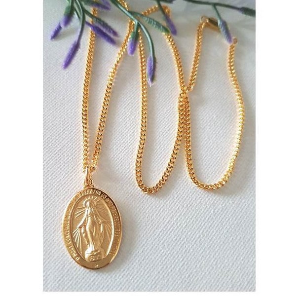 Sterling Silver Miraculous Medal,Medal of Our Lady Of Grace,Gold Over Sterling Silver Virgin Mary Necklace,Mother Mary Pendant in Gold