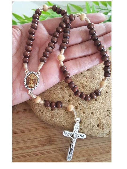 Shroud Of Turin Rosary/Face of Holy Jesus Wood Rosary/Holy Face of Christ Wood rosary/Madonna Our Lady Of Grace Medal Rosary