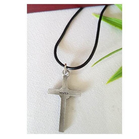 Cross rope Style on Cord Or Silver Chain/ Pewter Cross Necklace for Confirmation /First Communion Cross Pendant Gifts/ Pewter Cross Pendant