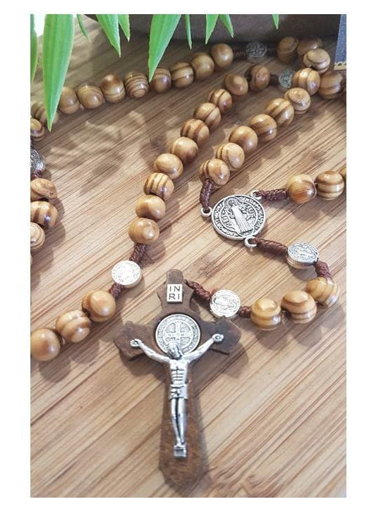 Big Olivewood Rosary/Big Beads Olive Wood Rosary with St Benedict Cross/Corded Olive Wood Rosary for Men/Wooden Saint Benedict Rosary
