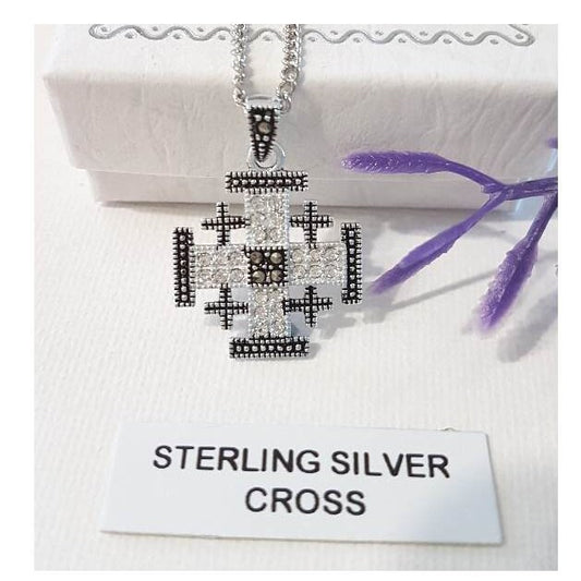 Sterling Jerusalem Cross, Marcasite & Crystal Jerusalem Cross, Ladies Cross Pendant, Genuine Stone Jewelry, Marcasite black Cross