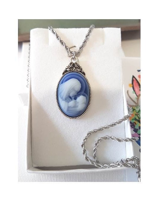 Cameo Mother & Child Pendant/Gifts for Mothers/Ladies Blue Cameo Necklace/Madonna and Child Cameo Pendant with Extension/New Mother's Gift