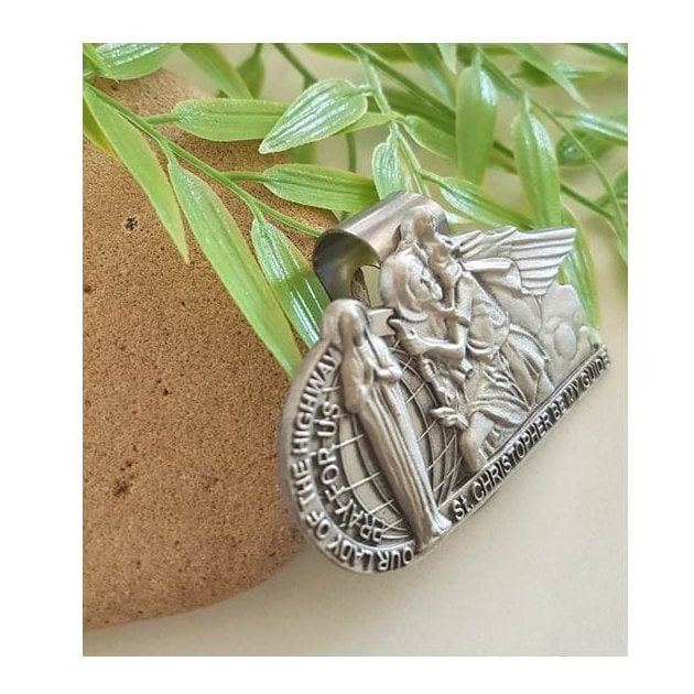Car Visor Clip Lady Of Highway and St Christopher/ Saint Christopher and Our lady Of the Highway Pewter Car Visor Clip/Religious Auto Clip