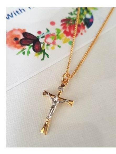 Gold Over Sterling Silver Crucifix Necklace/Sterling Cross for Ladies/Tutone Sterling Silver Cross Pendant/Children Sterling Cross pendant