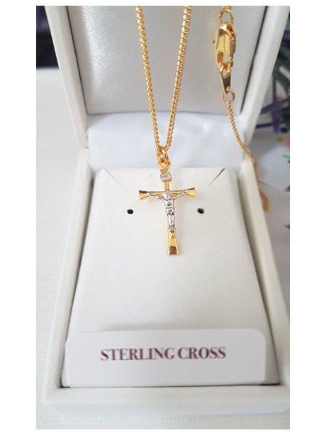 Gold Over Sterling Silver Crucifix Necklace/Sterling Cross for Ladies/Tutone Sterling Silver Cross Pendant/Children Sterling Cross pendant