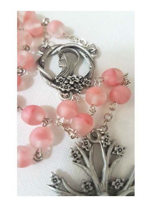 Tree Of Life Rosary/Pink Glass Rosary with Virgin Mary/Dogwood Tree and Flower Rosary/Tree Of Life Gifts/Catholic Prayer Beads