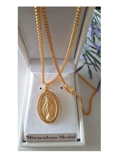 Sterling Silver Miraculous Medal,Medal of Our Lady Of Grace,Gold Over Sterling Silver Virgin Mary Necklace,Mother Mary Pendant in Gold