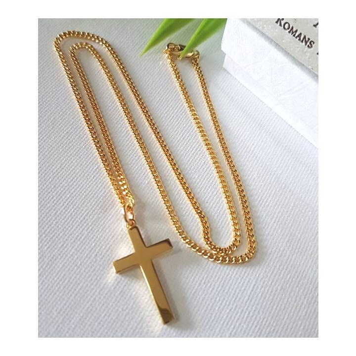 Gold Over Sterling Silver Cross/Gold On Sterling Silver Block Cross Necklace/Gold Cross On Heavy Chain for Men and Women/Sterling Cross