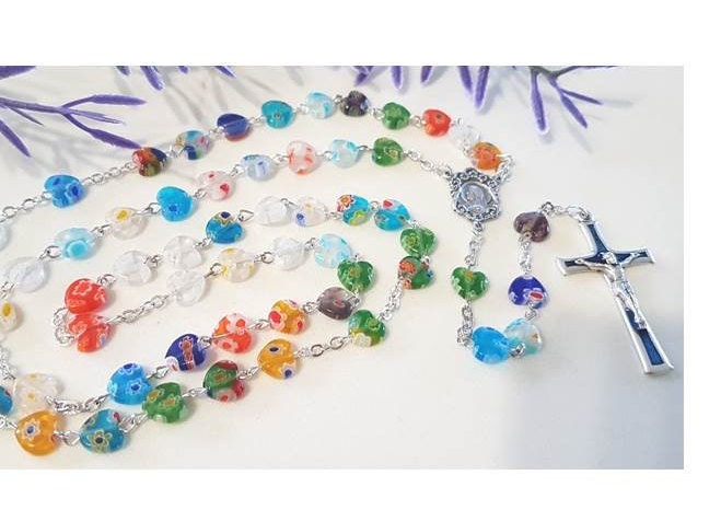 Murano Glass Heart Rosary, Ladies and Girls Rosary,Italian Murano Heart Shape Beads, Colourful Rosary,First Communion & Confirmation Gifts