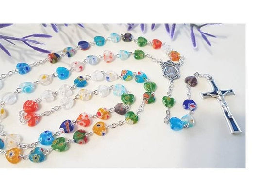 Murano Glass Heart Rosary, Ladies and Girls Rosary,Italian Murano Heart Shape Beads, Colourful Rosary,First Communion & Confirmation Gifts