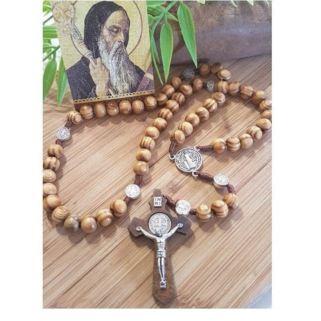 Big Olivewood Rosary/Big Beads Olive Wood Rosary with St Benedict Cross/Corded Olive Wood Rosary for Men/Wooden Saint Benedict Rosary