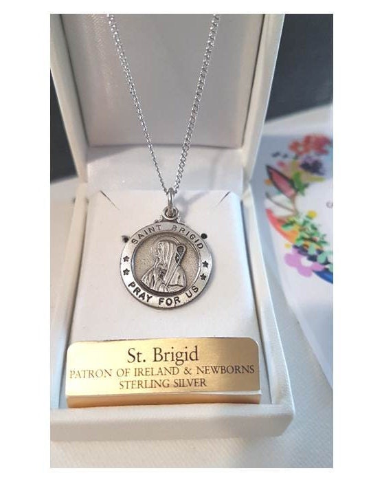 Sterling Silver St Brigid Necklace/Fertility and Babies Patron Saint Silver Medal/Unisex Sterling St Brigid Pendant/Our Lady of the Irish
