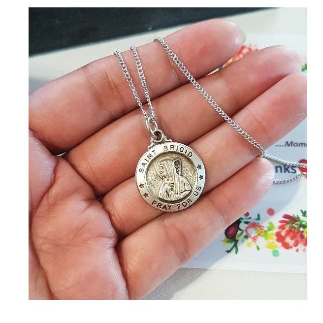 Sterling Silver St Brigid Necklace/Fertility and Babies Patron Saint Silver Medal/Unisex Sterling St Brigid Pendant/Our Lady of the Irish