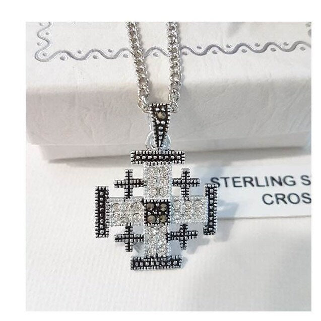 Sterling Jerusalem Cross, Marcasite & Crystal Jerusalem Cross, Ladies Cross Pendant, Genuine Stone Jewelry, Marcasite black Cross