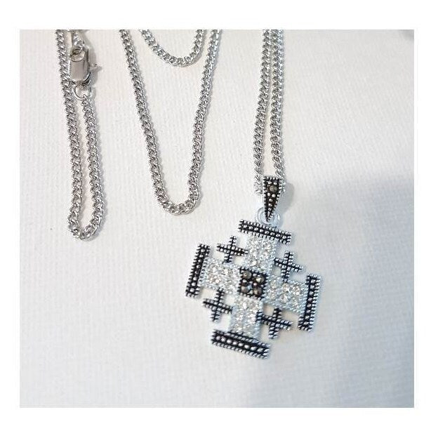 Sterling Jerusalem Cross, Marcasite & Crystal Jerusalem Cross, Ladies Cross Pendant, Genuine Stone Jewelry, Marcasite black Cross