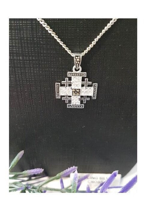 Sterling Jerusalem Cross, Marcasite & Crystal Jerusalem Cross, Ladies Cross Pendant, Genuine Stone Jewelry, Marcasite black Cross