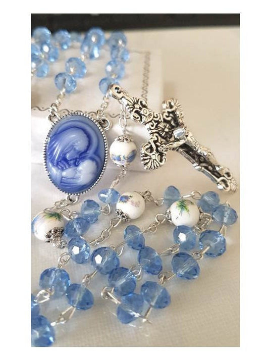 Blue Cameo Mother and Child Rosary/Virgin Mary and Baby Jesus Cameo Rosary/Blue Ceramic and Crystal Rosary with Cameo Image/Gifts For Mum