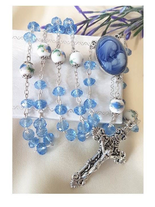 Blue Cameo Mother and Child Rosary/Virgin Mary and Baby Jesus Cameo Rosary/Blue Ceramic and Crystal Rosary with Cameo Image/Gifts For Mum