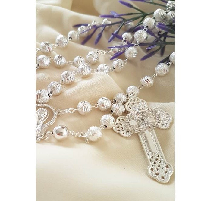 Wedding Rosary/Silver Bride's Rosary/ Cross with Unity Symbol Rosary/Filigree Cross with CZ Silver Beads Rosary for Bride and Bridegroom