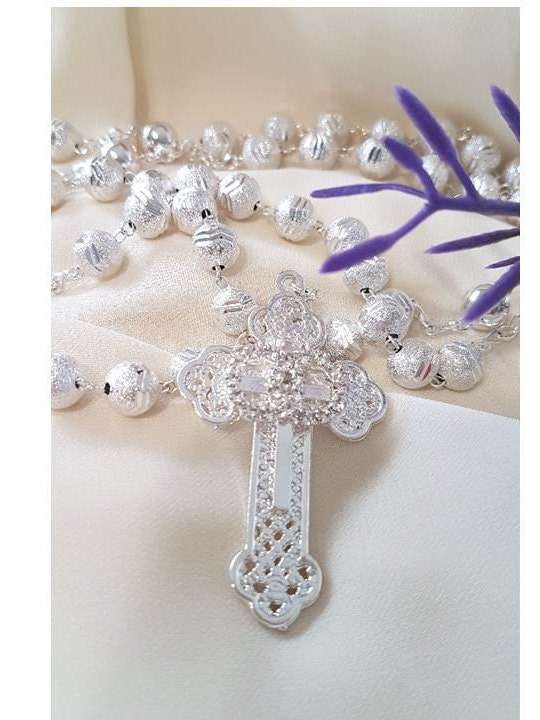Wedding Rosary/Silver Bride's Rosary/ Cross with Unity Symbol Rosary/Filigree Cross with CZ Silver Beads Rosary for Bride and Bridegroom