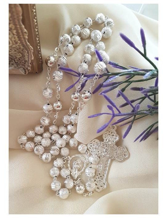 Wedding Rosary/Silver Bride's Rosary/ Cross with Unity Symbol Rosary/Filigree Cross with CZ Silver Beads Rosary for Bride and Bridegroom
