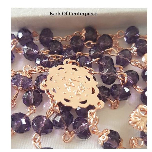 Amethyst Rose Gold Crystal Rosary/Rose Gold Crucifix/Rose Gold Rosary with Purple Amethyst/Rose Gold Virgin Mary and Miraculous Medal