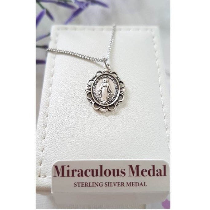 Sterling Silver Miraculous Medal/Ladies Sterling Virgin Mary Necklace/Silver Ornate Miraculous Medal Pendant/Our Lady of Grace Necklace