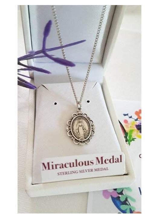 Sterling Silver Miraculous Medal/Ladies Sterling Virgin Mary Necklace/Silver Ornate Miraculous Medal Pendant/Our Lady of Grace Necklace