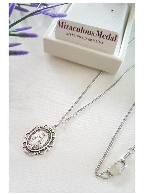 Sterling Silver Miraculous Medal/Ladies Sterling Virgin Mary Necklace/Silver Ornate Miraculous Medal Pendant/Our Lady of Grace Necklace