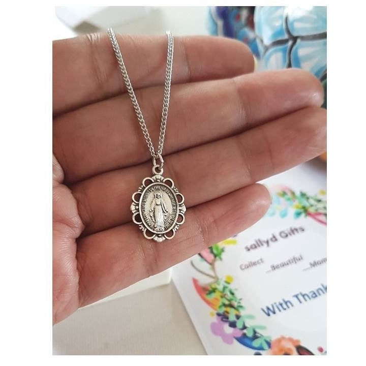Sterling Silver Miraculous Medal/Ladies Sterling Virgin Mary Necklace/Silver Ornate Miraculous Medal Pendant/Our Lady of Grace Necklace
