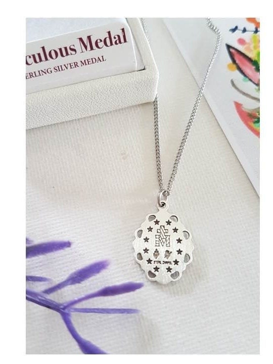 Sterling Silver Miraculous Medal/Ladies Sterling Virgin Mary Necklace/Silver Ornate Miraculous Medal Pendant/Our Lady of Grace Necklace