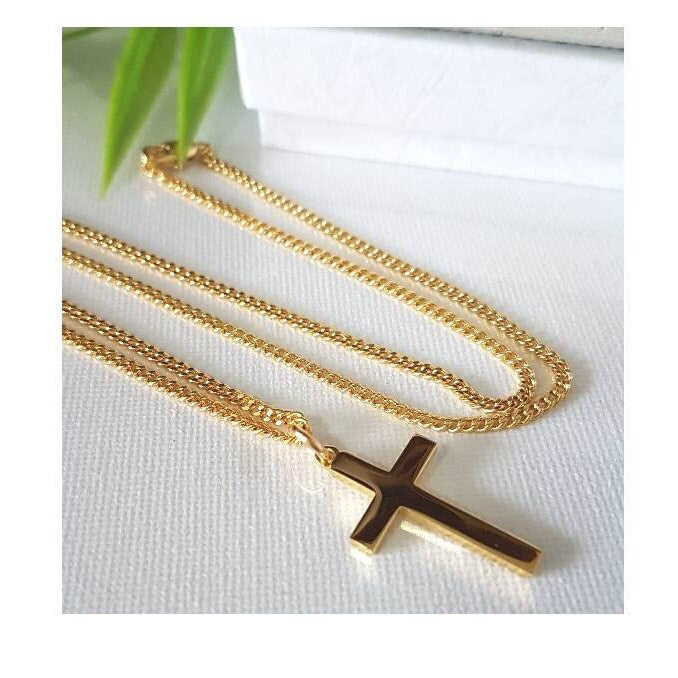 Gold Over Sterling Silver Cross/Gold On Sterling Silver Block Cross Necklace/Gold Cross On Heavy Chain for Men and Women/Sterling Cross