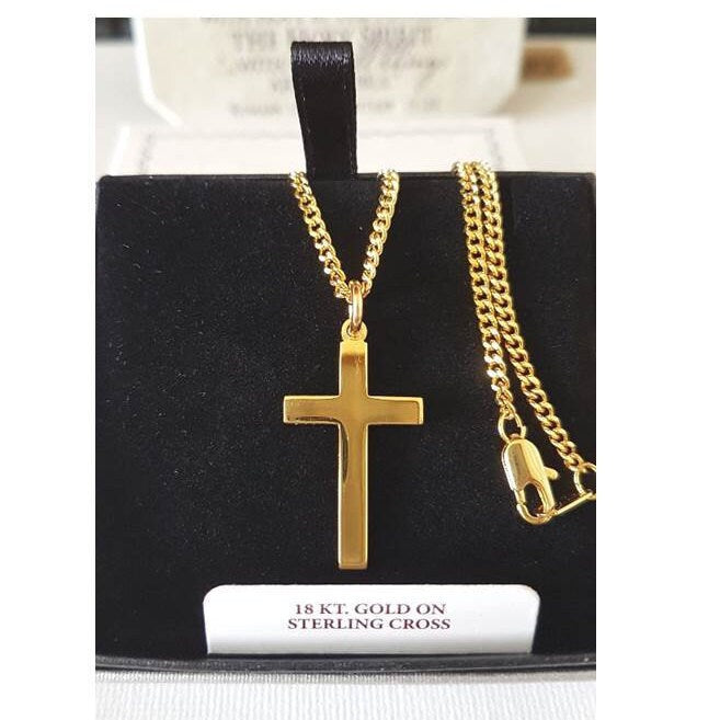 Gold Over Sterling Silver Cross/Gold On Sterling Silver Block Cross Necklace/Gold Cross On Heavy Chain for Men and Women/Sterling Cross
