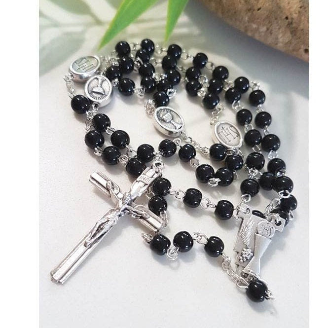 Holy Communion Rosary/First Communion Rosary/Black Glass Rosary For First Holy Communion/Communion Rosary with Chalice Boys and Girls