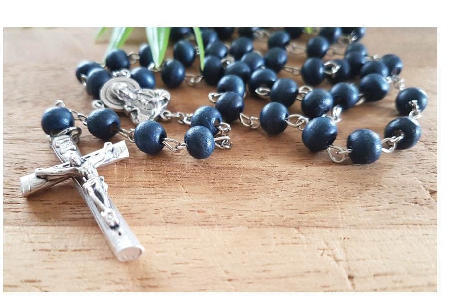 Blue Wood Rosary, Rosary for Men, 8mm Big Beads Wood Rosary, Rustic Crucifix, RCIA Gifts, Graduation Gift, Sacred Heart of Jesus Rosary