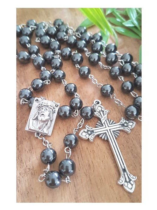 Chunky Hematite Rosary/Genuine Hematite 8mm Beads Rosary/Hematite Prayer Beads/Heavy Rosary for Men/Scapular Medal/Crown Of Thorns Rosary