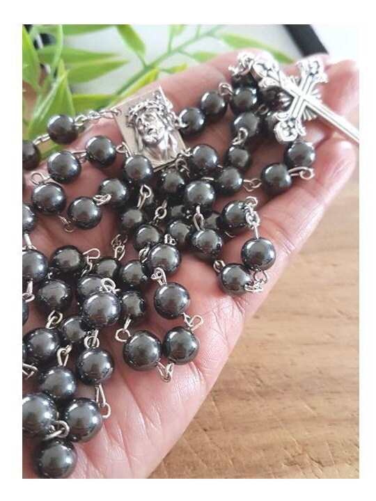 Chunky Hematite Rosary/Genuine Hematite 8mm Beads Rosary/Hematite Prayer Beads/Heavy Rosary for Men/Scapular Medal/Crown Of Thorns Rosary