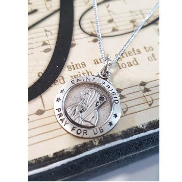 Sterling Silver St Brigid Necklace/Fertility and Babies Patron Saint Silver Medal/Unisex Sterling St Brigid Pendant/Our Lady of the Irish