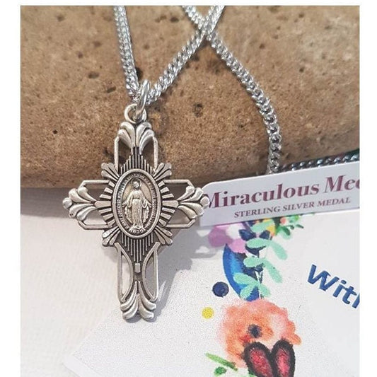 Sterling Silver Miraculous Medal/Silver Cross with Miraculous Medal/Our Lady Of Grace Silver Necklace for Men and Women/Virgin Mary Necklace
